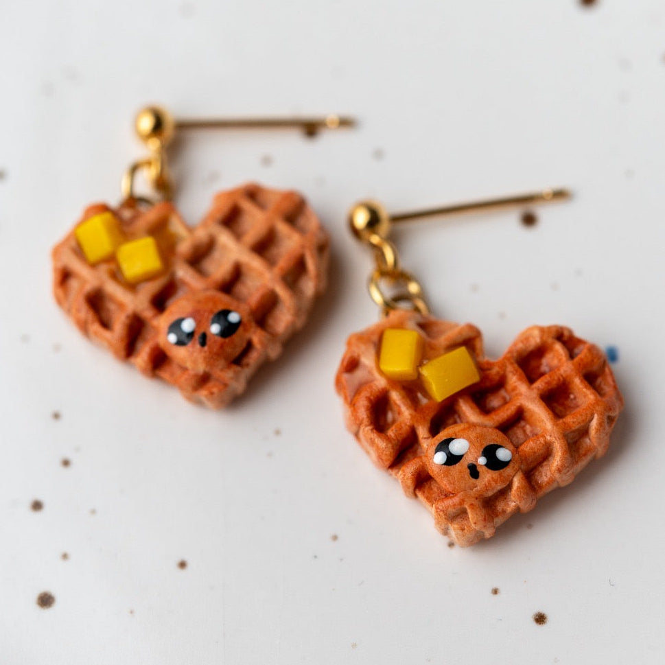 Heart-Shaped Waffle with Butter Earrings – Handmade Polymer Clay Jewelry