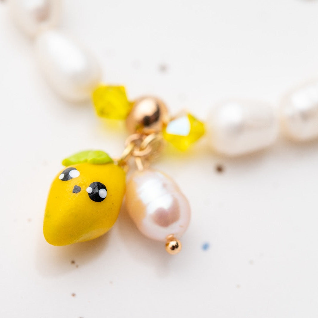 Cute Lemon Jewelry Set: Pearl Bracelet & Polymer Clay Earrings