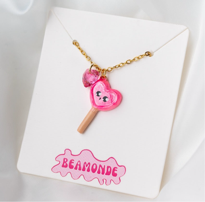 Cute food miniature - Valentines day lollipop with a heart Swarovski pendant