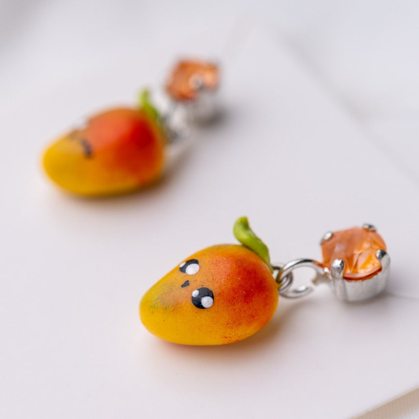 Cute miniature mango earrings with Swarovski crystals