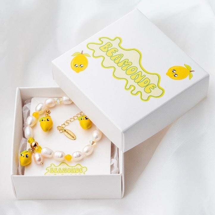 Cute Lemon Jewelry Set: Pearl Bracelet & Polymer Clay Earrings