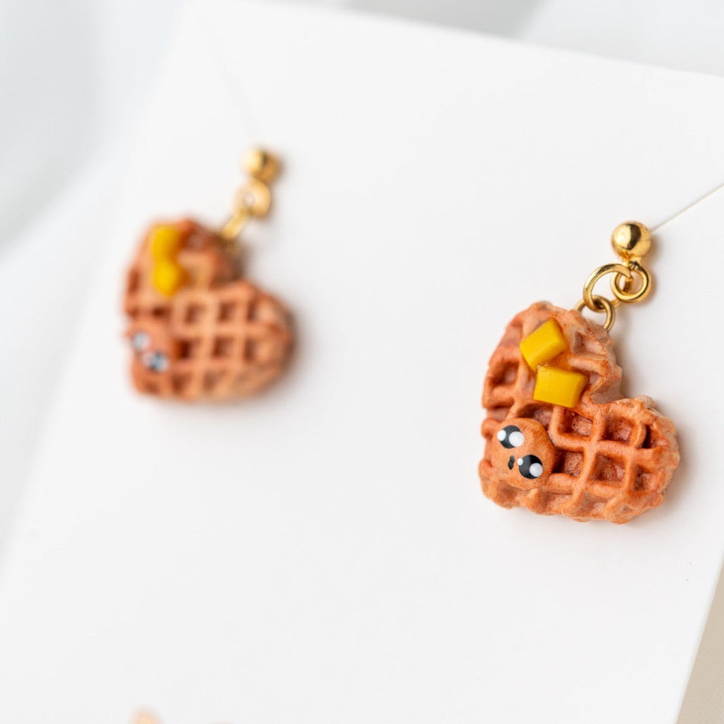 Heart-Shaped Waffle with Butter Earrings – Handmade Polymer Clay Jewelry