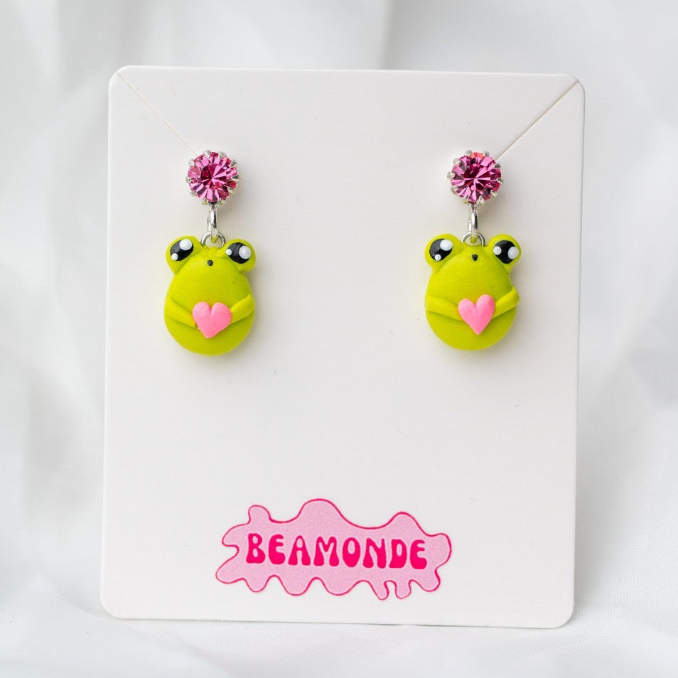 Cute miniature frog earrings with Swarovski crystals