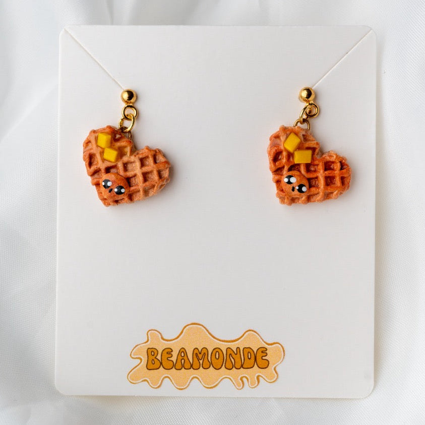 Heart-Shaped Waffle with Butter Earrings – Handmade Polymer Clay Jewelry