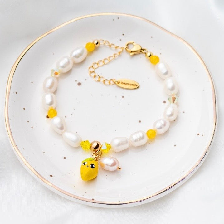 Cute Lemon Jewelry Set: Pearl Bracelet & Polymer Clay Earrings