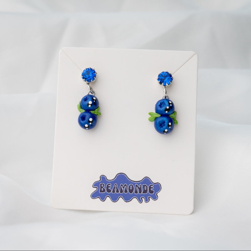Cute food miniature - Handmade Blueberry Earrings with Swarovski Crystal