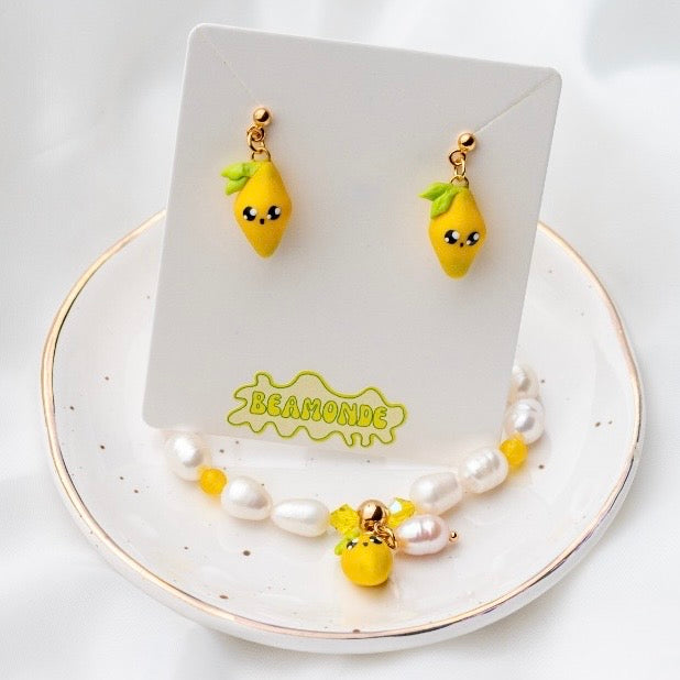 Cute Lemon Jewelry Set: Pearl Bracelet & Polymer Clay Earrings